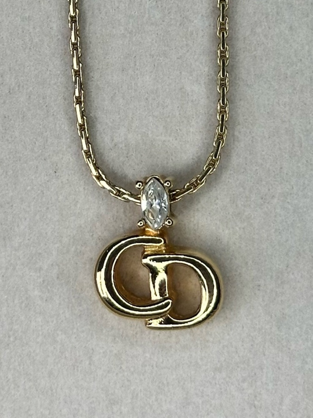Authentic Dior Gold Double-Loop Logo Necklace with Clear Crystal